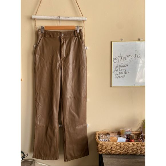 ZARA Medium Brown Leather Pants High Waist Straight Leg Jean - Picture 4 of 10